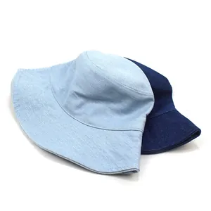 Classic denim bucket hats in light and dark blue wash with wide brims for sun protection
