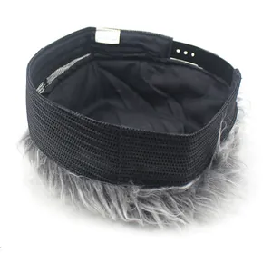 Adjustable mesh brimless baseball cap with grey wig hair extension and snapback strap