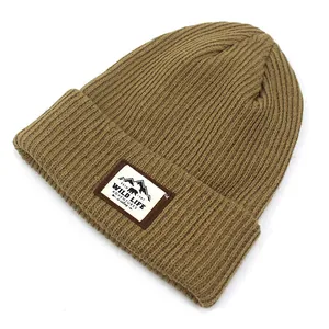 Striped knit beanie with Wild Life patch in khaki brown for outdoor winter warmth