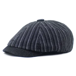 Retro Unisex Striped Newsboy Cap Denim Cotton Flat Cap Vintage Beret Hat For Men Women Casual Outdoor Sun Protection Hat