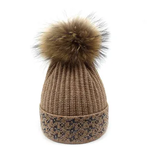Women's Winter Knit Beanie Hat With Large Faux Fur Pom-Pom Silver Lurex Star Pattern Ribbed Slouchy Thermal Skull Cap
