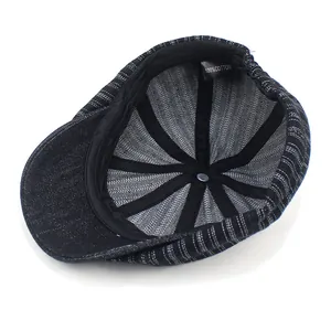 Black striped cotton flat cap with brim shown from a top-down interior view on white background