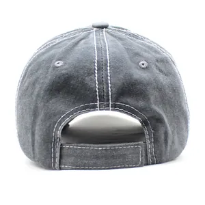 Adjustable dark grey washed cotton baseball cap with white contrast stitching