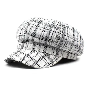 Women Vintage British Plaid Newsboy Cap Polyester Cotton Octagonal Hat Retro Checkered Beret Casual Short Brim Cabbie Hat