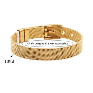 Detail of 10mm gold stainless steel mesh watch band bracelet with adjustable buckle strap