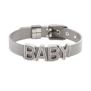 Adjustable silver mesh bracelet for men featuring rhinestones encrusted BABY letters