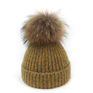 Dames Winter Echt Wasberenbond Pompon Gebreide Muts Warm Geribbelde Acryl Omslag Slouchy Beanie Buiten Dagelijks Cadeau