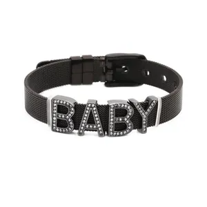 Adjustable black mesh strap bracelet featuring sparkling rhinestone BABY letters