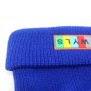 Klein blue ribbed knit beanie with colorful WYLS letter patch for winter warmth