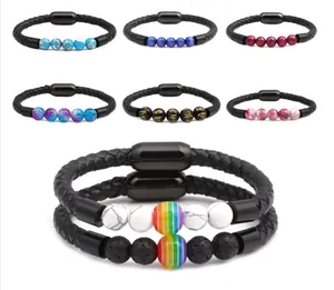 Bracelets en cuir tressé avec perles d'onyx, tête de mort et fermoir magnétique en métal