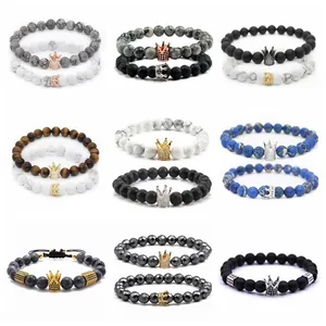 Grid view of 8mm lava rock crown bracelets with micro zircon in multiple colors