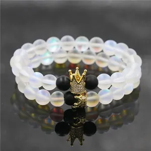 Ensemble de Bracelets en Perles pour Couple Couronne Pierre Naturelle Cuivre Zircone Pierre de Lune Agate Bracelets pour Hommes Femmes Bijoux