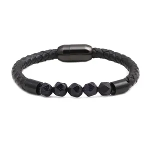 Men's punk leather braided bracelet featuring faceted blue tiger eye beads and magnetic clasp