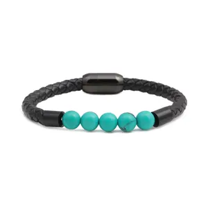 Braided black leather bracelet with turquoise stones and a black magnetic clasp closure