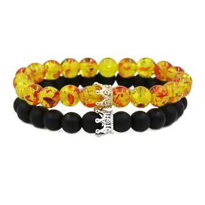Elastic beaded bracelet set with amber-style resin and matte black stones with CZ crowns