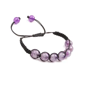 Handmade woven purple amethyst beaded bracelet with adjustable black nylon cord for yoga