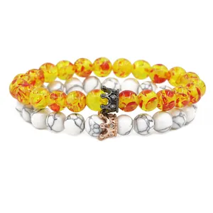 Crown Beaded Bracelet Set For Men Women Resin Amber Matte Black Stone White Pine Copper Zirconia Charm Bracelet Jewelry