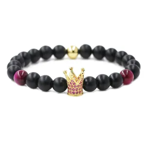 Pulsera de Cuentas de Corona de Lujo Cobre Zirconia Micro Incrustada Piedra Natural Ojo de Tigre para Hombres Mujeres Joyería