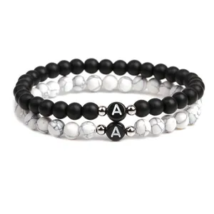 Alphabet Letter Beaded Bracelet For Men Women Matte Black Agate Tiger Eye White Turquoise Stone Couple Matching Jewelry