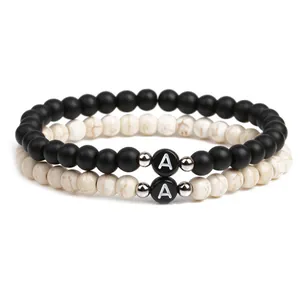 Set of two 6mm matte agate beaded bracelets with letter A for men and couples