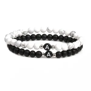 Set of two 6mm matte agate beaded bracelets with letter A charm for men and couples