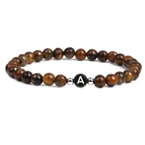 Natural 6mm tiger eye stone beaded bracelet featuring central white letter A bead