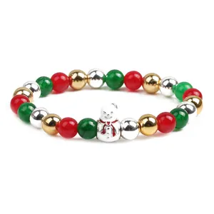 Weihnachts-Perlenarmband mit roten grünen Achatsteinen und Schneemann-Anhänger