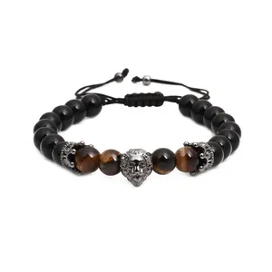 Handmade Beaded Wolf Head Lion Skull Woven Bracelet For Men Adjustable Matte Black Tiger Eye Stone Rhinestone Bracelet Jewelry Gift