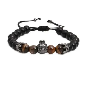 Mens beaded crown lion head bracelet with natural tiger eye and black stones
