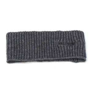 Close-up of dark grey ribbed knit headband featuring black MASENPRINCE embroidery