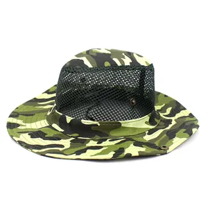 Detail of camouflage sun hat featuring breathable black mesh and wide brim design