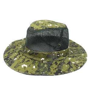 Detailed view of the digital camouflage sun hat with breathable mesh and metal snap buttons