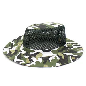 Mens camouflage outdoor sun hat with breathable mesh and wide brim for hiking and fishing