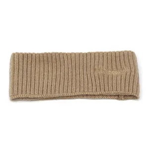 Winter knitted head wrap for women in camel rib knit with MaisonPringe embroidery