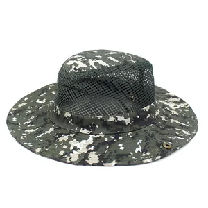 Detail of digital camo boonie hat featuring breathable mesh panels and wide brim structure