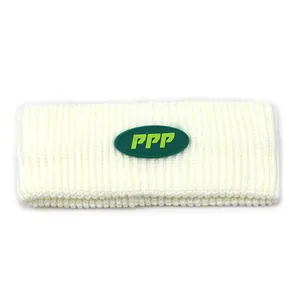 Winter white ribbed knit headband with green PPP rubber patch for sports and outdoor warmth
