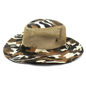 Close-up of camouflage outdoor sun hat featuring breathable mesh and metal side buckles