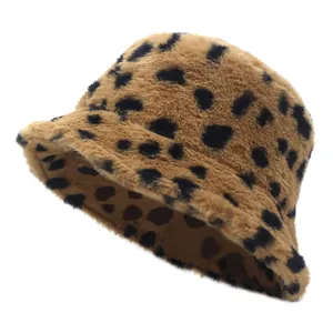 Chic leopard print faux fur bucket hat for women with warm plush material in brown and black