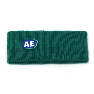 Solid color dark green knitted headband with AE patch for winter sports and daily wear