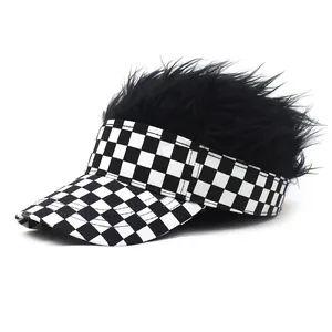 Funny visor hat featuring black and white checkerboard brim and messy black synthetic hair