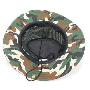 Men's mesh camouflage sun hat with wide brim and adjustable wind rope for hiking