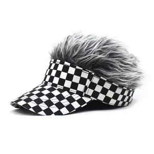Funny Faux Hair Visor Cap With Wig Black White Checkerboard Pattern Novelty Creative Spoof Party Sports Sun Hat
