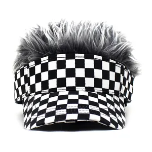 Funny checkerboard baseball cap with silver synthetic wig hair for outdoor parties