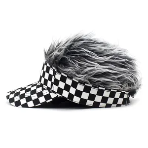 Detail of checkered visor hat with grey synthetic hair wig top on plain background