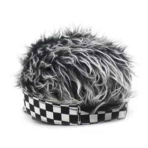 Detail of creative wig baseball cap featuring grey messy faux hair and checkerboard pattern