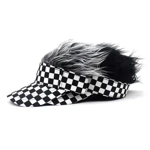 Funny novelty baseball cap with synthetic wig hair and black white checkered pattern