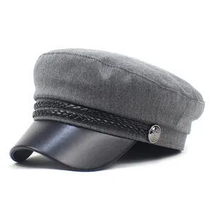 Vintage grey texture wool newsboy cap with black leather brim and silver metal buckle