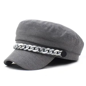 Dark grey cotton cadet cap featuring a stylish marble-textured decorative chain detail