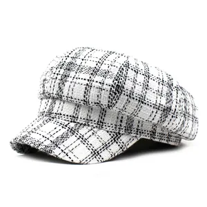 Classic black and white plaid tweed newsboy cap for women in vintage British style