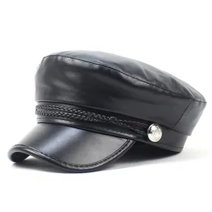 Damen PU Leder Schiffermütze Vintage Matrosenhut Schwarz Newsboy Cap Geflochtenes Seil Metallkette Flach Mode Militärhut